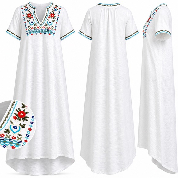 Soft Surroundings Dresses & Skirts - Soft Surroundings Embroidered Cotton Maxi Dress Small Boho Caftan White Resort
